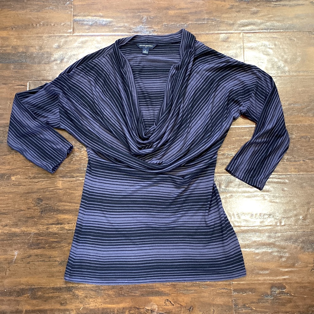 Banana Republic Grey/Black Striped 3/4th Sleeve Cowl Neck Top Size Small
